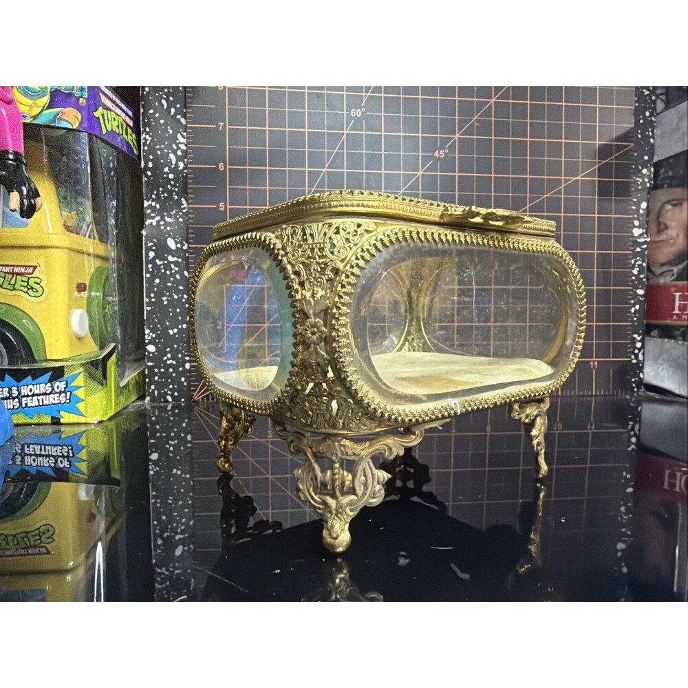 Vintage Ormolu Jewelry Casket Beveled Glass Gold Filigree Hollywood Regency